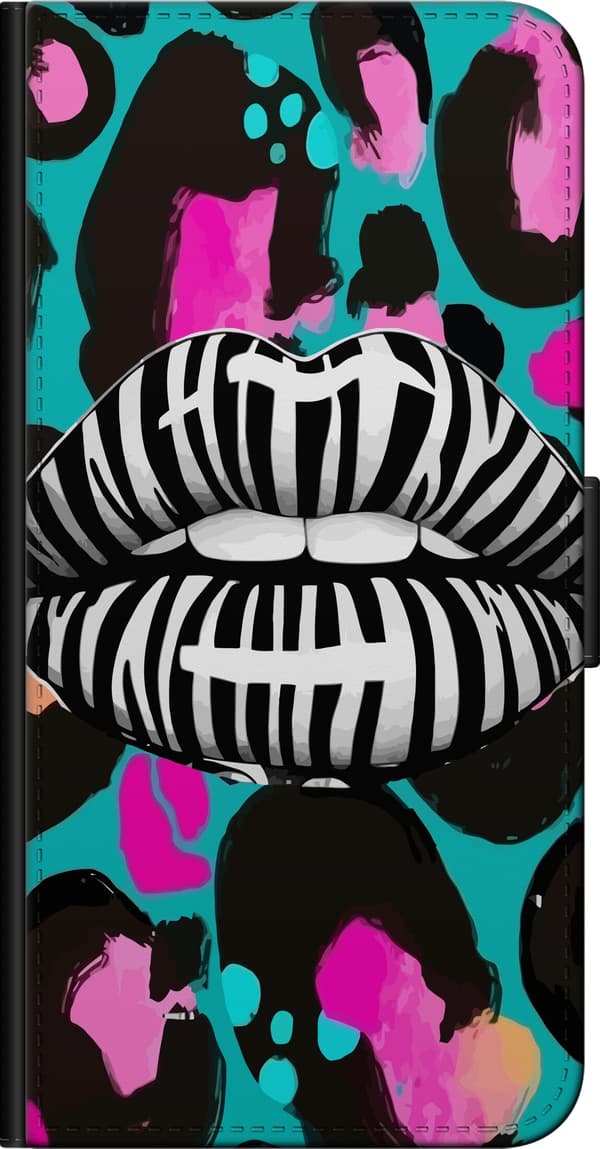 Kompatibel Tegnebogsetui til Xiaomi Redmi Note 9 4G Sort-hvide zebrastribede læber over lyserøde, sorte og turkise leopardpletter flerfarvet