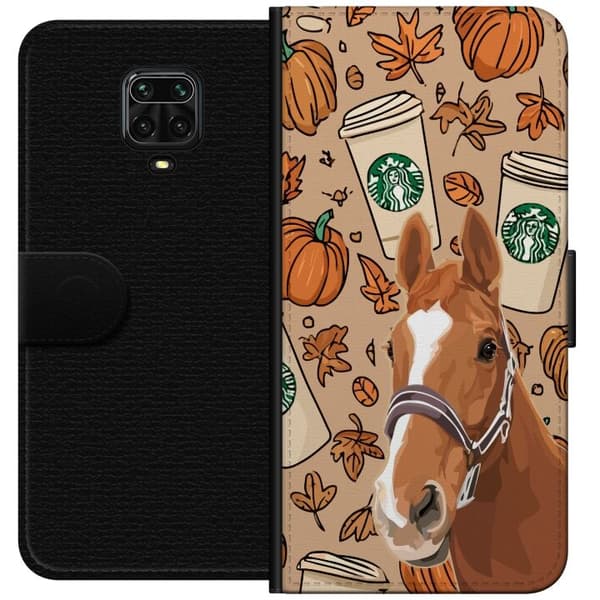 Kompatibel Tegnebogsetui til Xiaomi Redmi Note 9 Pro Illustreret hest blandt græskar, kaffekrus og orange efterårsblade brun
