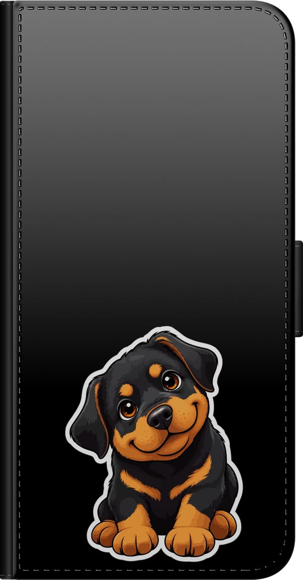 Kompatibel Tegnebogsetui til Samsung Galaxy Note 4 Rottweilervalp - Sort motiv med rottweilervalp med et glad udtryk. sort