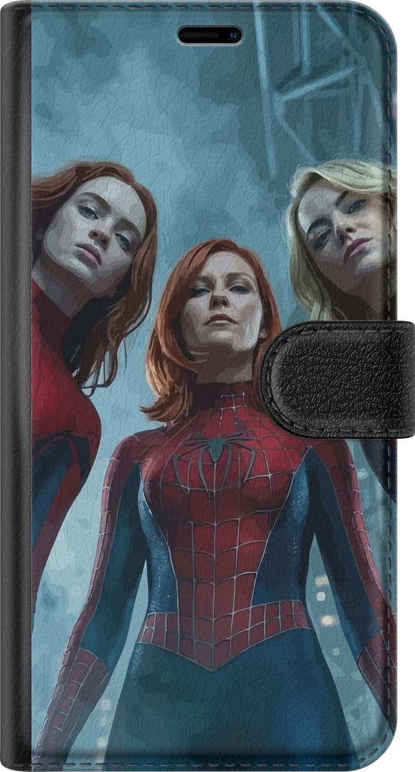 Kompatibel Tegnebogsetui til Apple iPhone 6 Tre kvinder i røde og blå edderkoppekostumer mod et mørkt bymiljø blå