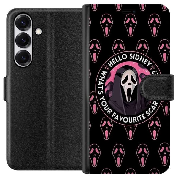 Kompatibel Tegnebogsetui til Samsung Galaxy S26 FE Sort og rosa skrækmotiv med maskerede figurer og teksten Hello Sidney sort