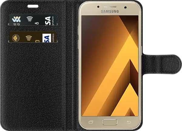 Kompatibel Tegnebogsetui til Samsung Galaxy A3 (2017) Hvidt kronet cirkelemblem over sortgrå geometriske former med røde elementer sort
