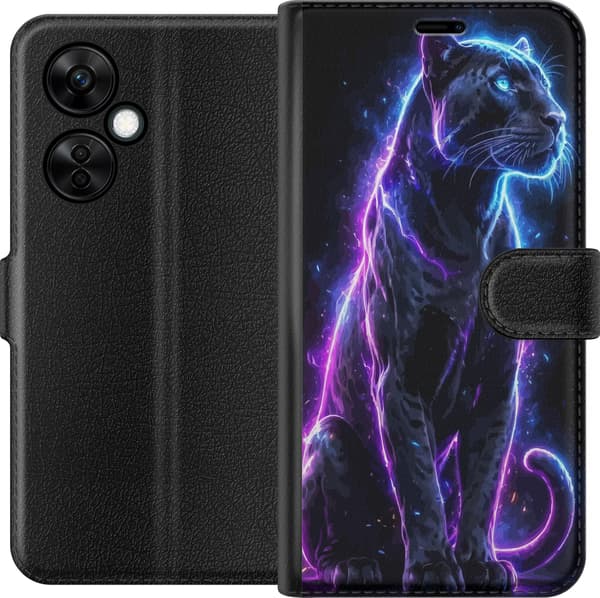 Kompatibel Tegnebogsetui til OnePlus Nord CE3 Sort panter med blå og lilla neonlinjer mod sort baggrund sort