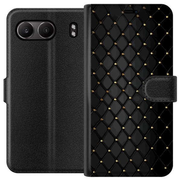Kompatibel Tegnebogsetui til OnePlus Nord 4 Sort geometrisk ternet mønster med guldfarvede linjer og dekorative detaljer sort