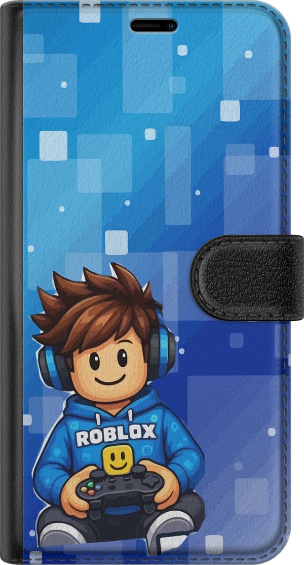 Kompatibelt Plånboksfodral till Samsung Galaxy S24 Brunhårig spelare med hörlurar och handkontroll framför blå pixelrutor blå