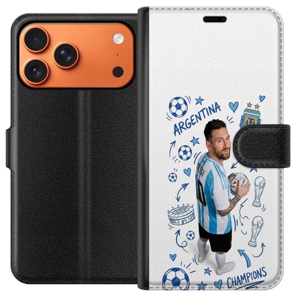 Kompatibel Tegnebogsetui til Apple iPhone 17 Pro Max Lionel Messi med fodbold og Argentina-tema i doodle-stil blå