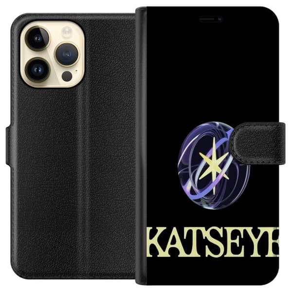 Kompatibel Tegnebogsetui til Apple iPhone 14 Pro Max KATSEYE-logo med gul stjerne, lilla omløbsringe og lys typografi på sort baggrund sort