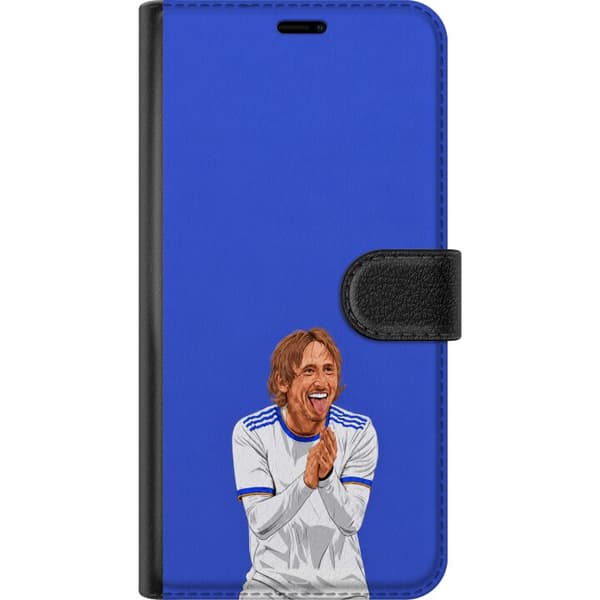 Kompatibel Tegnebogsetui til Apple iPhone 16e Modrić-jubel - Luka Modrić i hvid kamptrøje med knyttede hænder mod blå baggrund blå