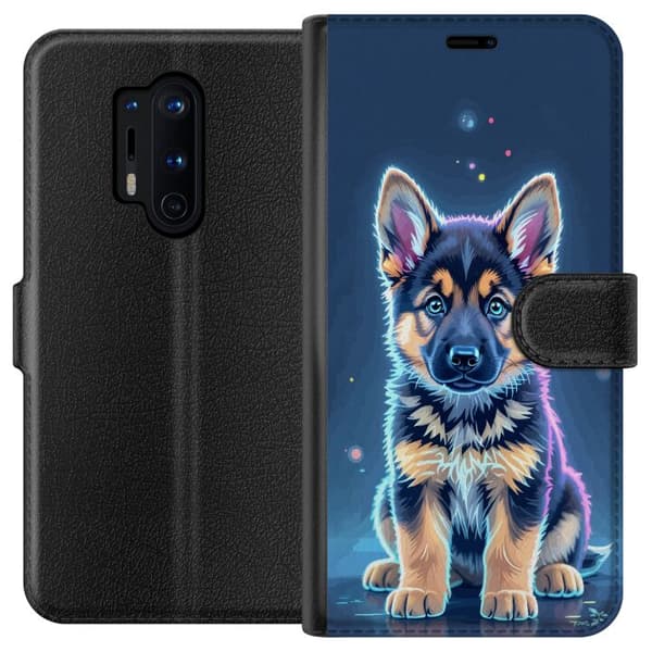 Kompatibelt Plånboksfodral till OnePlus 8 Pro Neonbelyst schäfervalp med blå och lila ljuseffekter blå