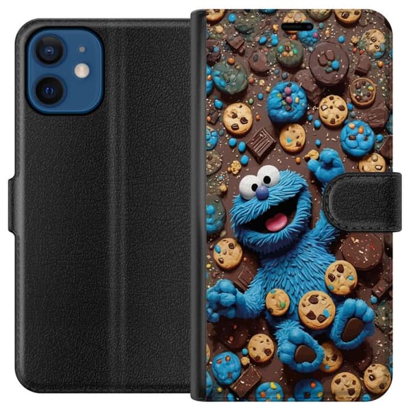 Kompatibelt Plånboksfodral till Apple iPhone 12 mini Lekfull blå tecknad figur omgiven av kakor blå