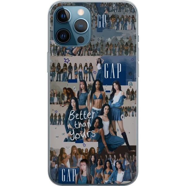 Kompatibel Mobilcover til Apple iPhone 12 Pro Max KATSEYE i blå denimcollage med gruppebilleder, stjerner og teksten “Better than yours” i ungdommeli blå