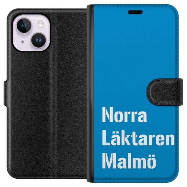 Kompatibel Tegnebogsetui til Apple iPhone 14 Plus Minimalistisk blå tekstdesign med Malmö-tema og moderne typografisk stil blå