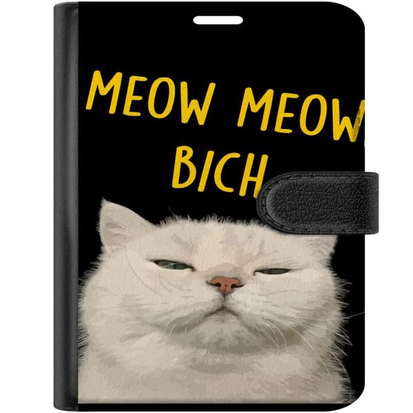 Kompatibel Tegnebogsetui til Apple iPhone Duo Hvid kat med et kækt udtryk og gul Meow Meow Bich-tekst mod sort baggrund sort