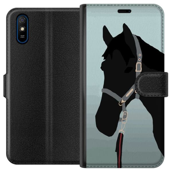 Kompatibel Tegnebogsetui til Xiaomi Redmi 9A Minimalistisk sort hest i profil med grime mod lyseblå baggrund blå