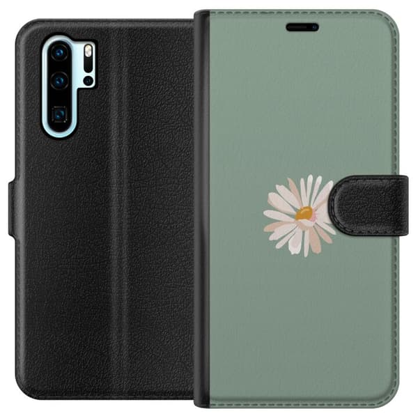 Kompatibel Tegnebogsetui til Huawei P30 Pro Grøn Minimalblomst - stilfuld blomst på grøn baggrund