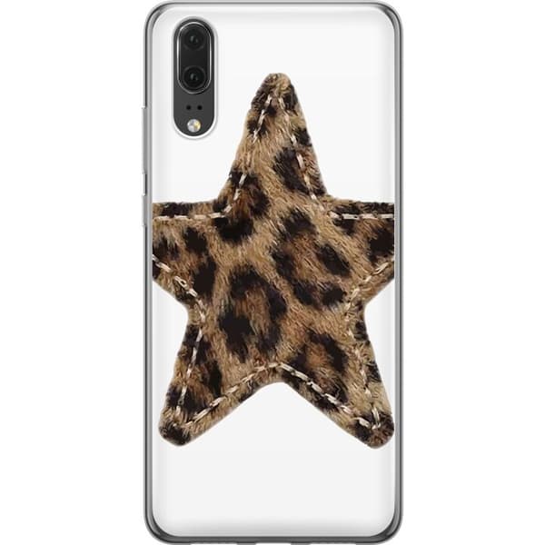 Kompatibelt Mobildeksel til Huawei P20 Stjernemotiv med brunt og svart leopardmønster samt dekorative sømdetaljer brun