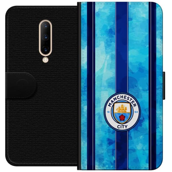 Kompatibel Tegnebogsetui til OnePlus 7 Pro Stort cirkelformet fodboldemblem mod lyseblå og mørkeblå lodrette striber med subtil tekstur blå