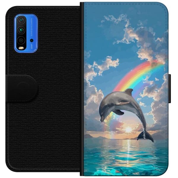 Kompatibelt Plånboksfodral till Xiaomi Redmi Note 9 4G Realistisk delfin framför regnbåge över lugnt hav blå