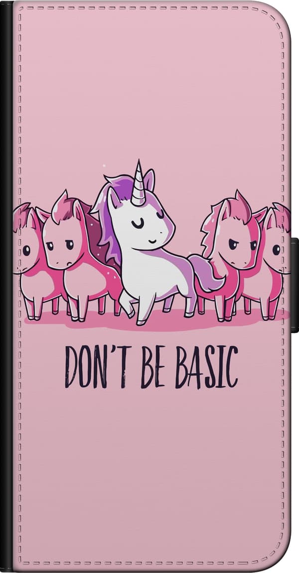 Kompatibel Tegnebogsetui til OnePlus 9 Pro Hvid enhjørning blandt lyserøde heste med teksten Don't Be Basic mod en lyserød baggrund, legende og humor pink