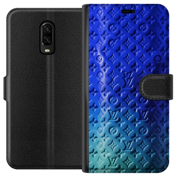 Kompatibelt Lommeboketui til OnePlus 6T Blått luksuriøst monogrammønster med elegant preget tekstur blå
