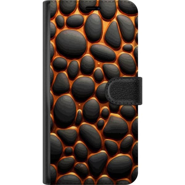 Kompatibel Tegnebogsetui til Apple iPhone 18 Pro Max Abstrakt mønster med sorte stenformer og glødende orange konturer, grafisk design med stærk kont sort