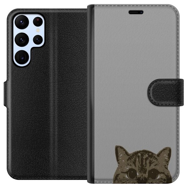 Samsung Galaxy S24 Ultra Plånboksfodral Grå Kattblick – stilren kattdesign med grå bakgrund