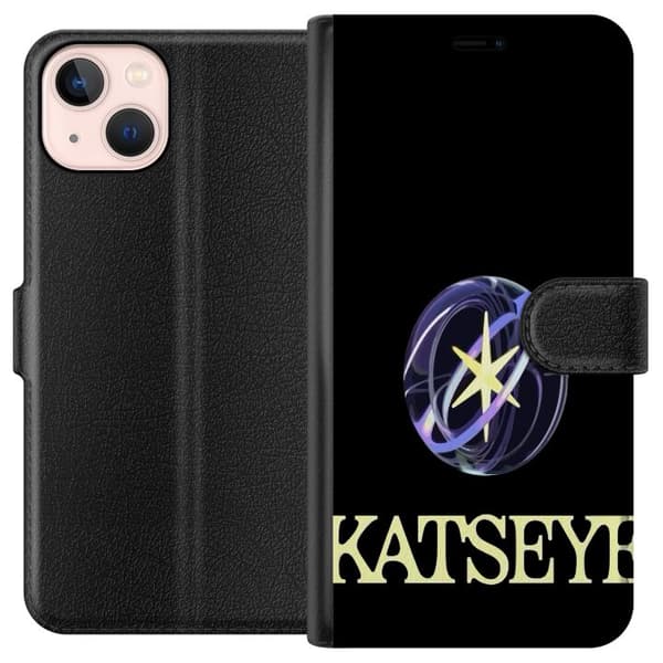 Kompatibel Tegnebogsetui til Apple iPhone 13 mini KATSEYE-logo med gul stjerne, lilla omløbsringe og lys typografi på sort baggrund sort