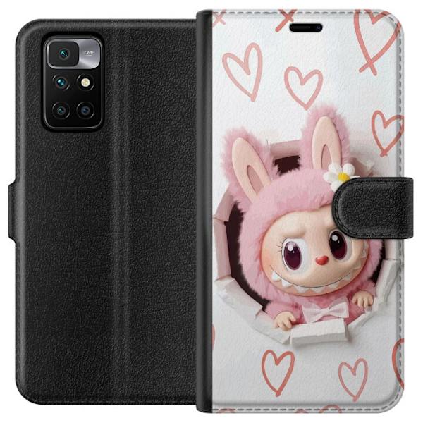 Xiaomi Redmi 10 Plånboksfodral Labubu Hjärtbakgrund Pop Mart Kärlek Tema Figur Design Populärt Motiv Samlarfigur Art Toy Serie