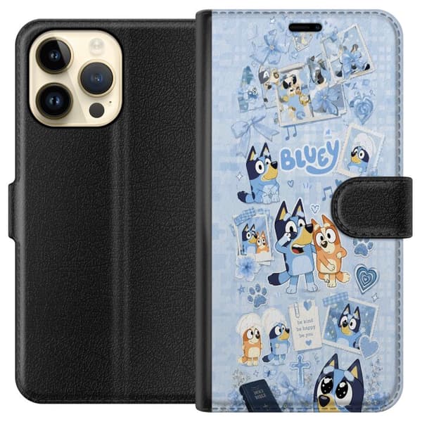 Kompatibel Tegnebogsetui til Apple iPhone 15 Pro Max Blåt tegnet collage med hunde, hjerter, poter, blomster og sløjfer blå