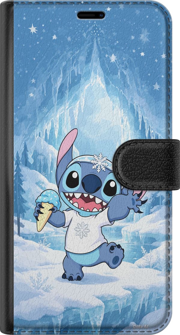 Kompatibel Tegnebogsetui til Apple iPhone 12 mini Blå tegnet fantasifigur med is, snefnug og iset vinterbaggrund blå