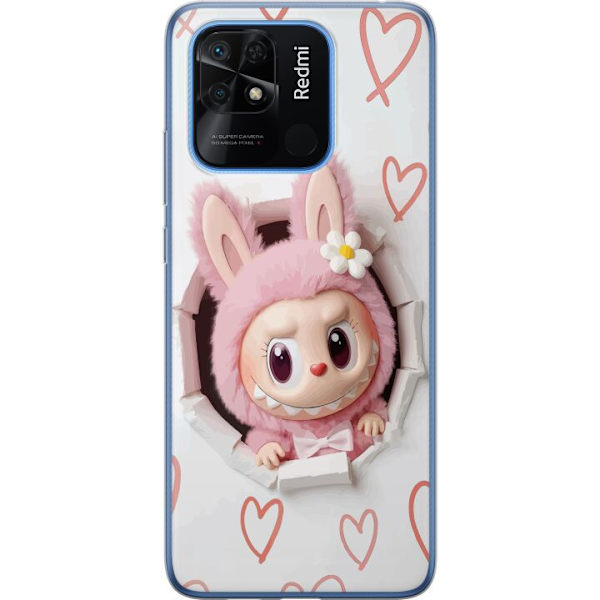 Xiaomi Redmi 10C Genomskinligt Skal Labubu Hjärtbakgrund Pop Mart Kärlek Tema Figur Design Populärt Motiv Samlarfigur Art Toy Serie
