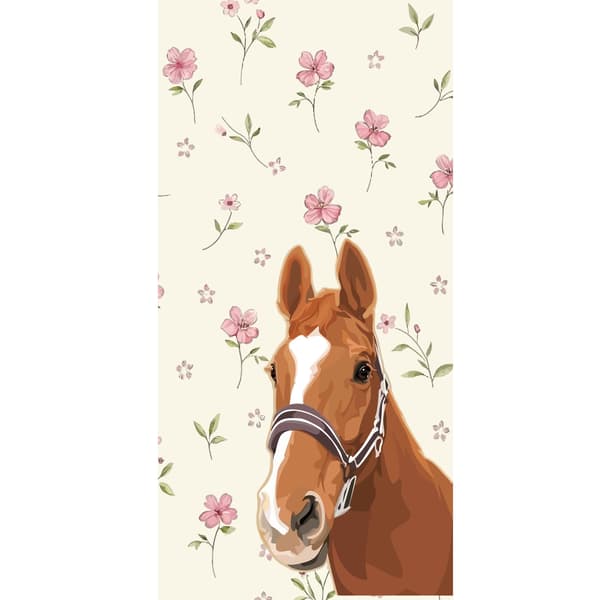 Kompatibelt Plånboksfodral till Apple iPhone 13 Pro Illustrerad brun häst med vit bläs omgiven av små rosa blommor vit