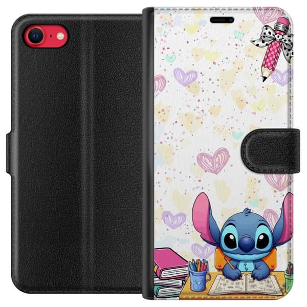 Kompatibel Tegnebogsetui til Apple iPhone SE (2020) Stitch sidder og tegner ved et skrivebord med bøger og hjertebaggrund