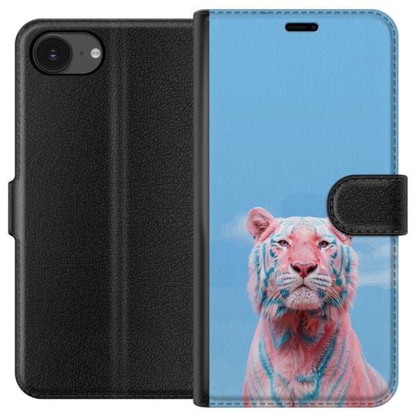 Kompatibel Tegnebogsetui til Apple iPhone 17e Farverig hvid tiger i lyserøde og blå pastelfarver mod en himmelblå baggrund blå