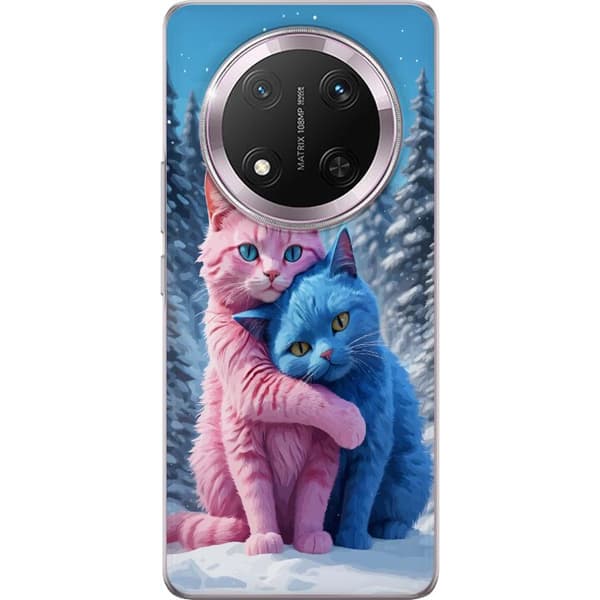 Kompatibel Mobilcover til Honor Magic7 Lite Søde lyserøde og blå katte, der krammer i sneklædt vinterlandskab blå