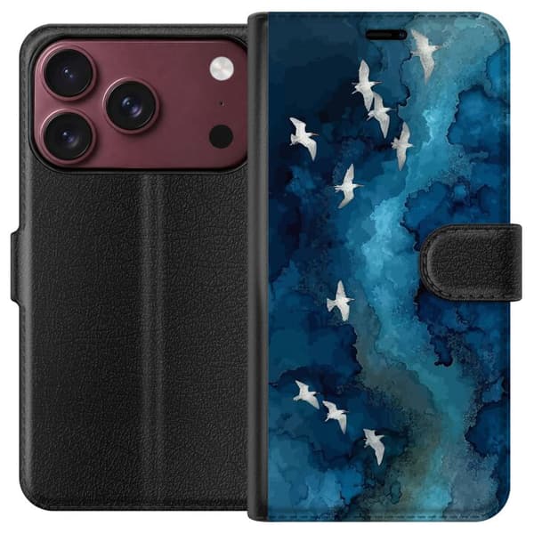 Kompatibel Tegnebogsetui til Apple iPhone 18 Pro Max Hvide flyvende fugle over dybblå abstrakte akvarelformer med dramatiske nuancer blå