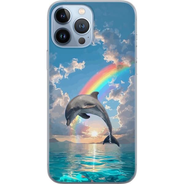 Kompatibelt Mobilskal till Apple iPhone 13 Pro Max Realistisk delfin framför regnbåge över lugnt hav blå