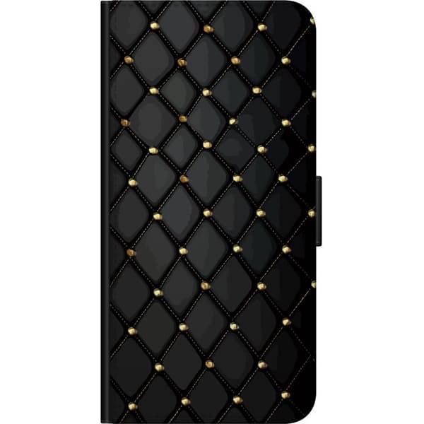 Kompatibel Tegnebogsetui til Xiaomi Redmi Note 9 Pro Sort diamantformet ternet mønster med guldfarvede knapper og syningsdetaljer, elegant geometrisk sort