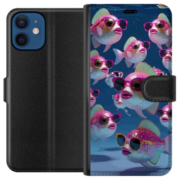 Kompatibel Tegnebogsetui til Apple iPhone 12 Fiskar med solglasögon blå