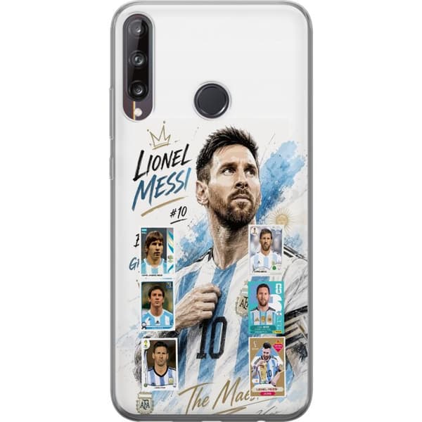 Kompatibelt Mobildeksel til Huawei P40 lite E Lionel Messi med argentinske farger og klassiske samleobjektkort i collage blå