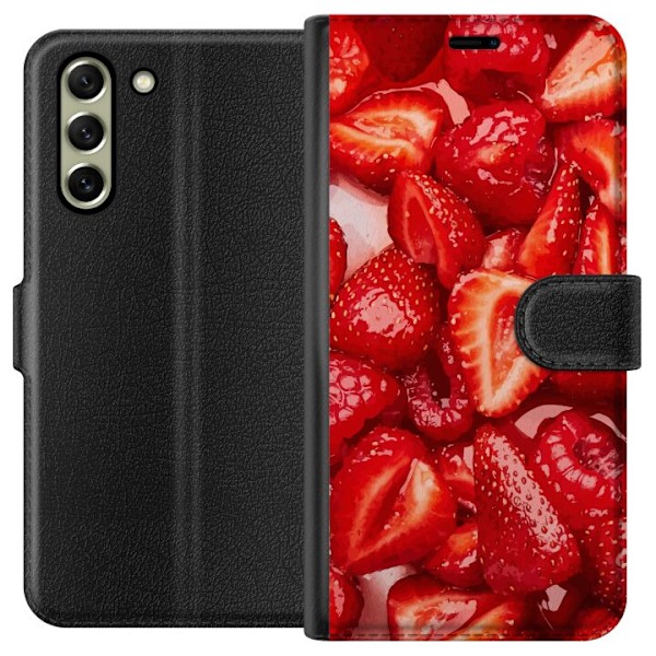 Samsung Galaxy S21 FE 5G Plånboksfodral Jordgubbsmönster – sött motiv med sommarkänsla