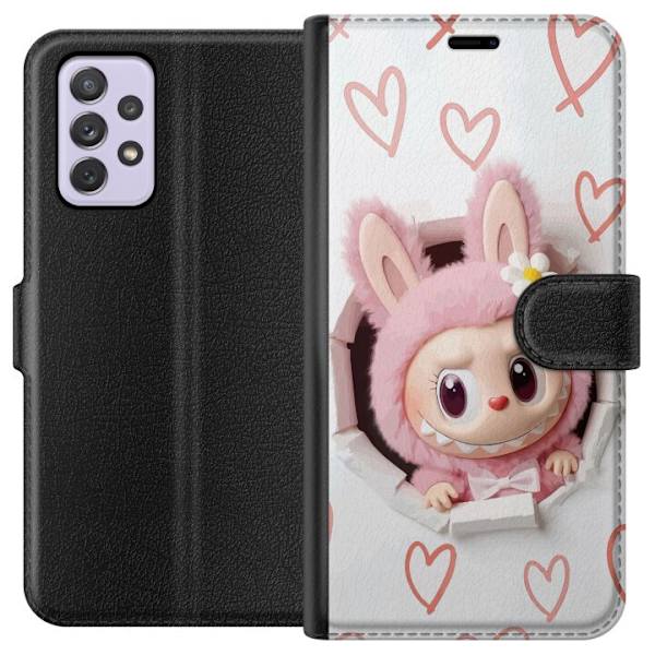 Samsung Galaxy A52s 5G Plånboksfodral Labubu Hjärtbakgrund Pop Mart Kärlek Tema Figur Design Populärt Motiv Samlarfigur Art Toy Serie