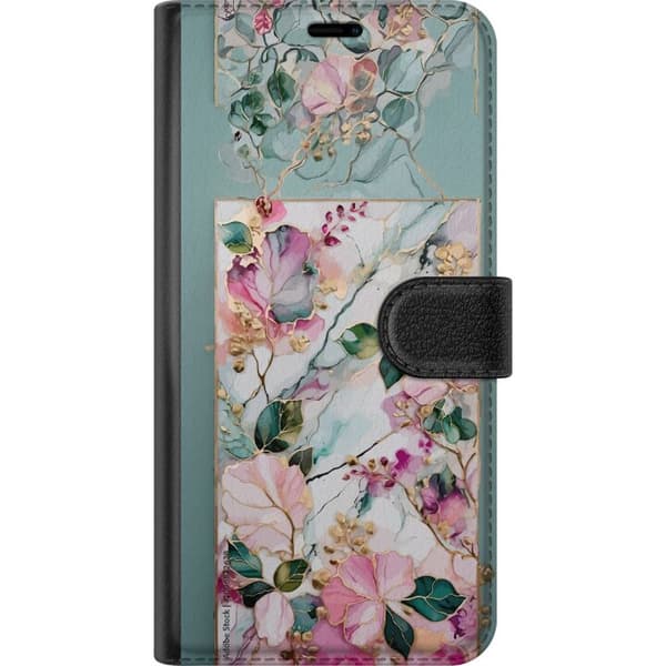 Kompatibel Tegnebogsetui til Apple iPhone 7 Plus Elegant blomstermotiv med lyserøde blomster, grønne blade, marmoreret baggrund og gulddetaljer pink