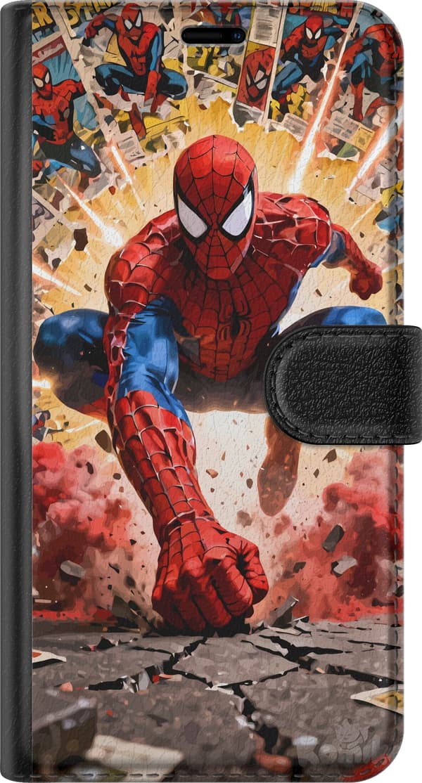 Kompatibelt Plånboksfodral till Samsung Galaxy A33 5G Spider-Man hoppar genom explosion med serietidningsbakgrund