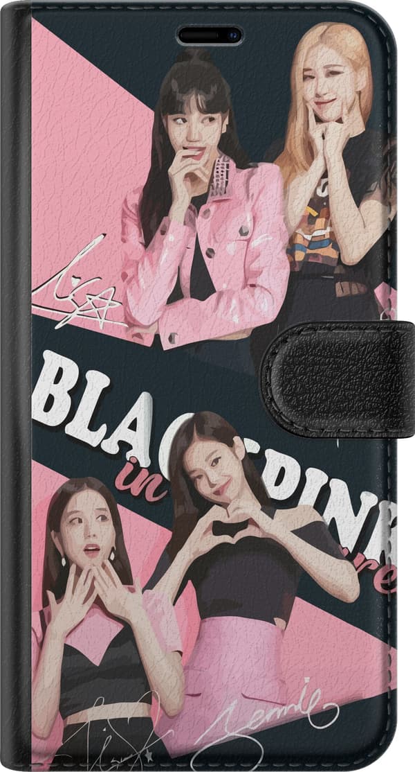 Kompatibel Tegnebogsetui til Apple iPhone 15 Blackpink-medlemmer i collage med autografer og lyserød-sort baggrund