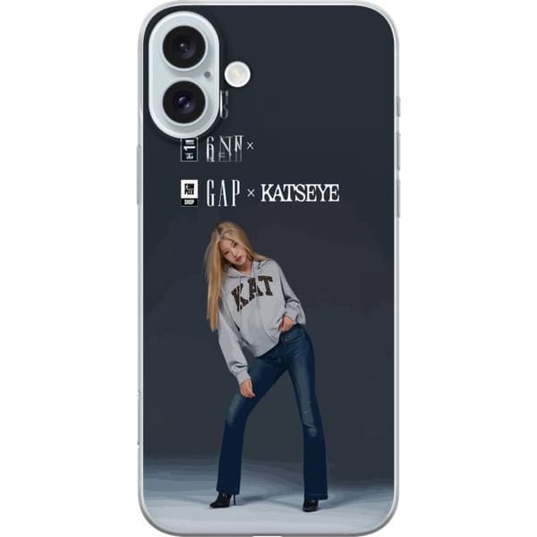 Kompatibel Mobilcover til Apple iPhone 16 Plus KATSEYE-blond medlem i grå trøje og blå jeans mod mørkegrå baggrund i moderne modefotografering grå
