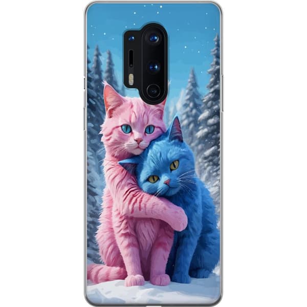 Kompatibel Mobilcover til OnePlus 8 Pro Søde lyserøde og blå katte, der krammer i sneklædt vinterlandskab blå