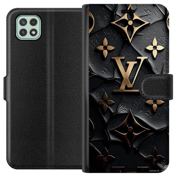 Samsung Galaxy A22 5G Plånboksfodral Louis Vuitton Dark Mode Design Svart Lyx Stil Fashion Populärt Grafiskt Mönster Modeikon Lyxmärke