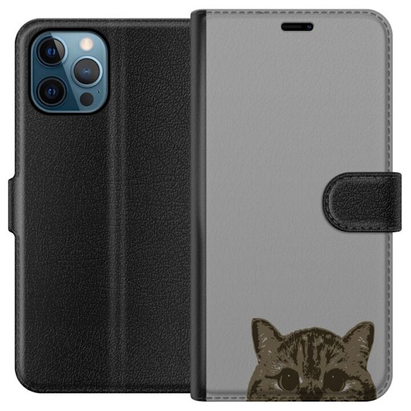 Apple iPhone 12 Pro Plånboksfodral Grå Kattblick – stilren kattdesign med grå bakgrund