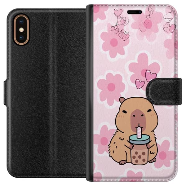 Kompatibel Tegnebogsetui til Apple iPhone X Sød tegnet kapybara med bubble tea, lyserøde hjerter og store blomster på en legesyg lyserød baggrund pink